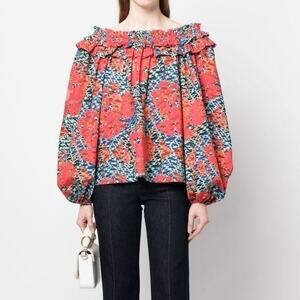 Ulla Johnson Olga Top in Flamingo Floral Print Ruffled Oversized Poplin Blouse